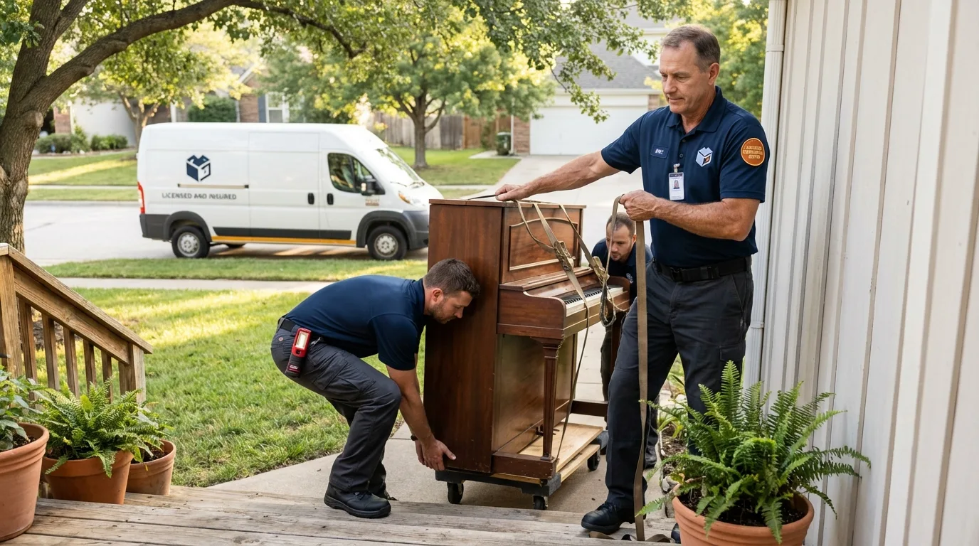 Licensed piano movers securing grand piano in Port Allegany, PA
