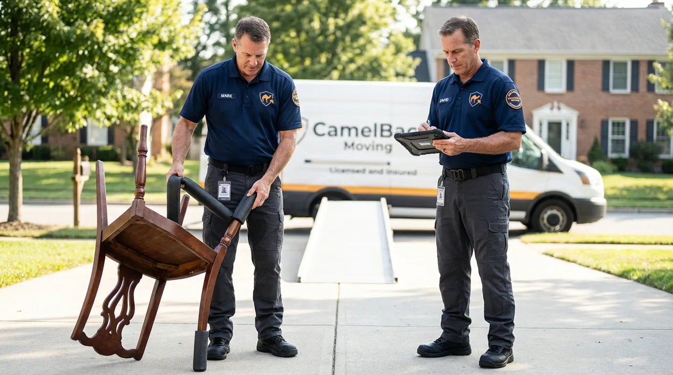 Movers inspecting furniture for damage prevention before loading in Port Allegany, PA