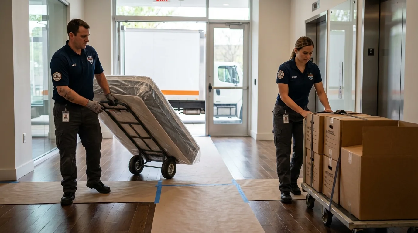 Professional apartment movers loading elevator in Port Allegany, PA