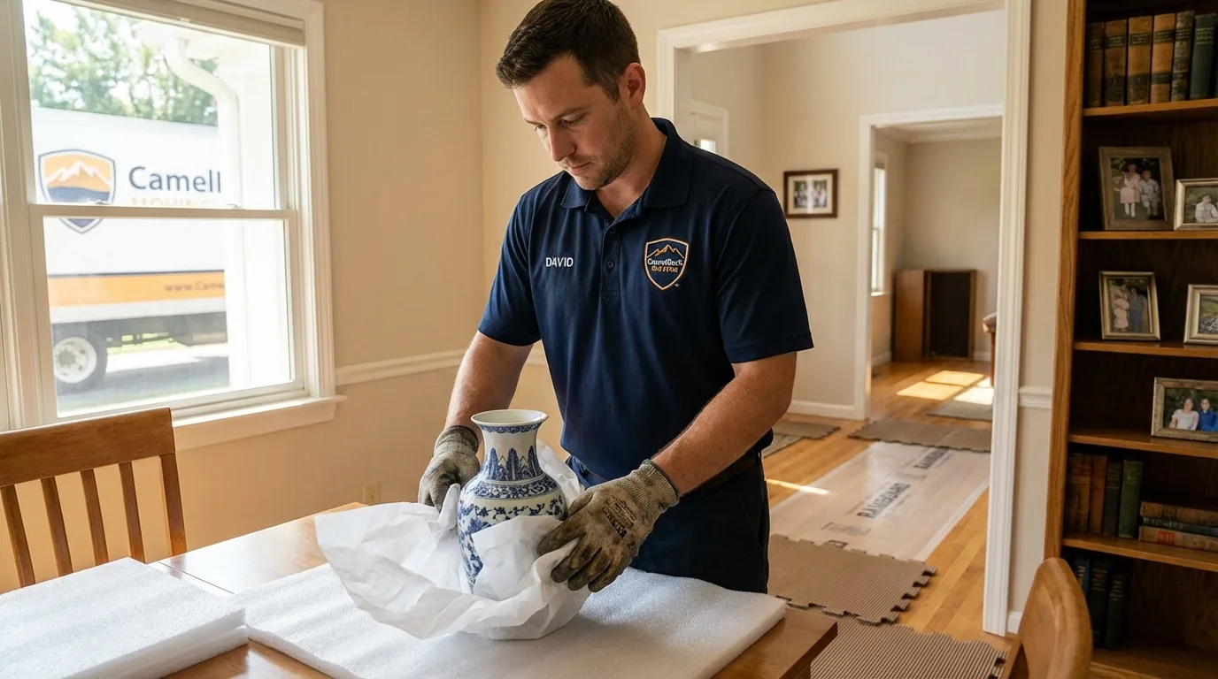Professional crew carefully wrapping antique vase for senior downsizing move in Port Allegany, PA